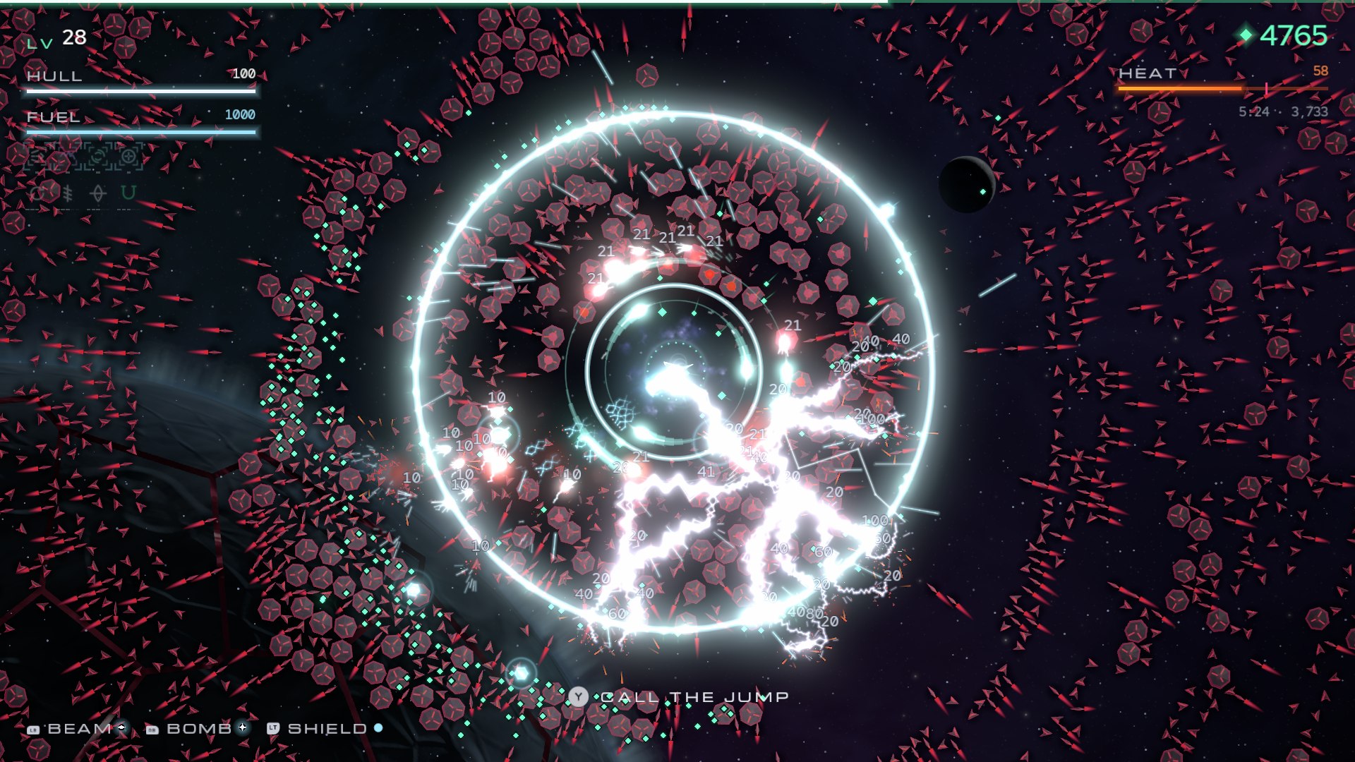 Endless Reach screenshot: Thousands of enemies close around the ship as its evolved weapons fire and a blast ring tears through them.