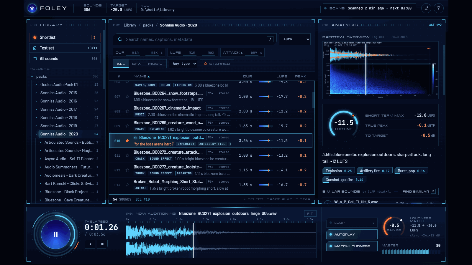 Foley screenshot: foley browse auditioning an explosion, with its spectrogram, loudness gauge, caption and tags